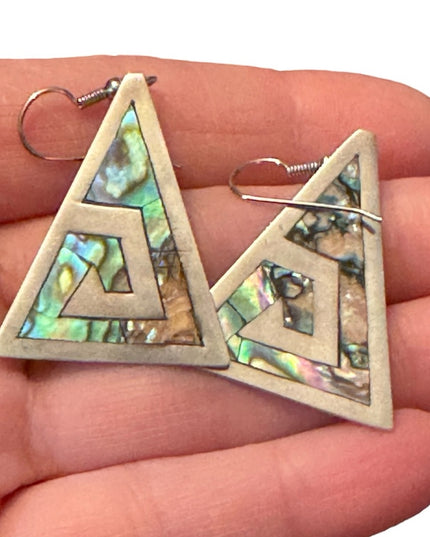Vintage sterling silver 935 Narvez Mexico Triangle abalone drop dangle earrings