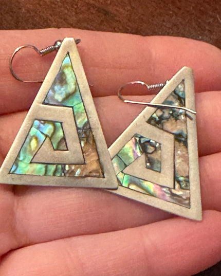 Vintage sterling silver 935 Narvez Mexico Triangle abalone drop dangle earrings