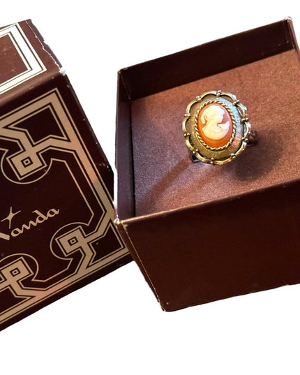 Vintage 1970s Vanda Cameo Perfume ring Adjustable in BOX’