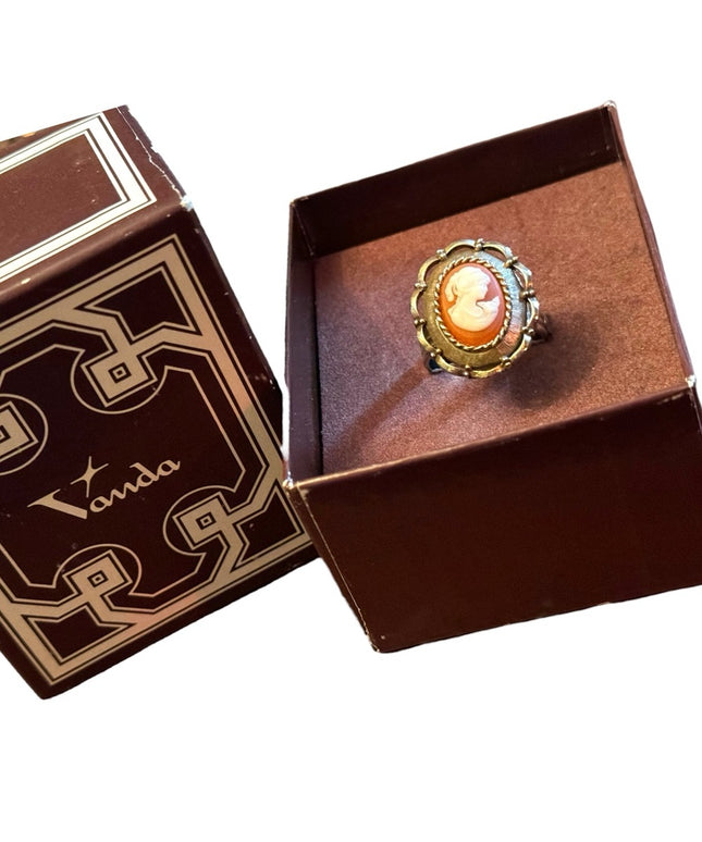 Vintage 1970s Vanda Cameo Perfume ring Adjustable in BOX’