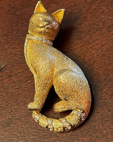 - Vintage Gold plated Crystal Christian Dior Rare Cat kitty brooch