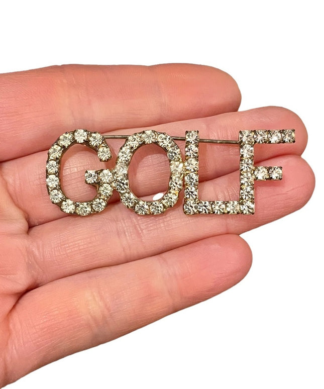 Vintage rhinestone crystal brooch “GOLF” silver finish