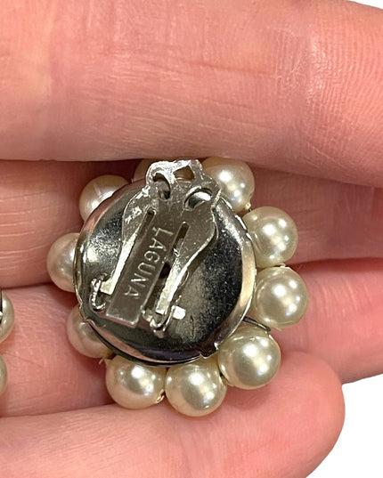 Vintage silver finish Faux pearl crystal vintage Laguna clip on earrings