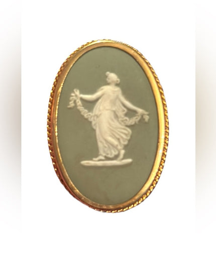 Vintage Wedgewood green goddess cameo brooch  pendant gold filled