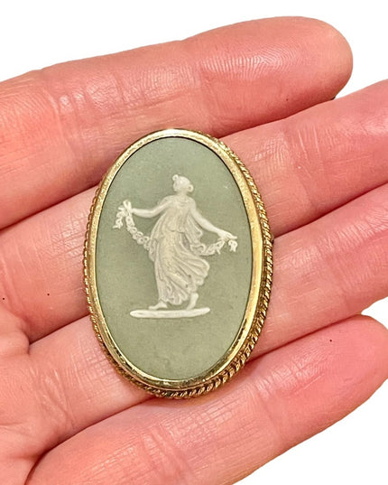 Vintage Wedgewood green goddess cameo brooch  pendant gold filled