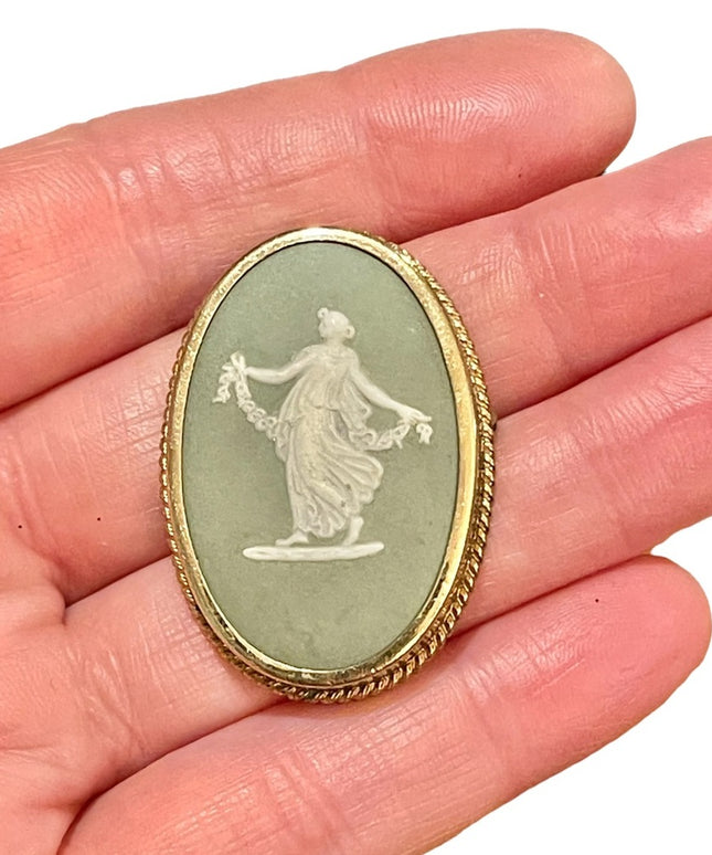 Vintage Wedgewood green goddess cameo brooch  pendant gold filled