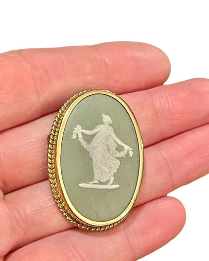 Vintage Wedgewood green goddess cameo brooch  pendant gold filled
