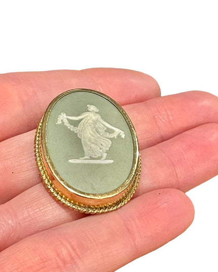 Vintage Wedgewood green goddess cameo brooch  pendant gold filled