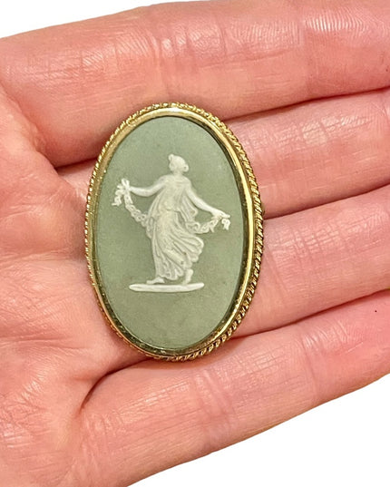 Vintage Wedgewood green goddess cameo brooch  pendant gold filled