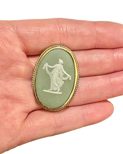 Vintage Wedgewood green goddess cameo brooch  pendant gold filled
