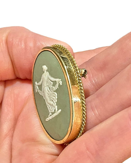 Vintage Wedgewood green goddess cameo brooch  pendant gold filled