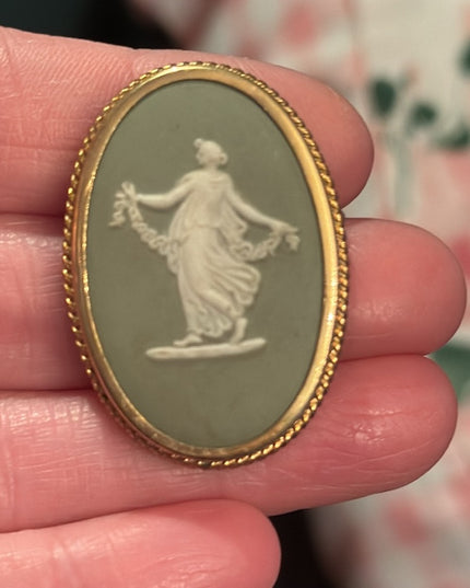 Vintage Wedgewood green goddess cameo brooch  pendant gold filled