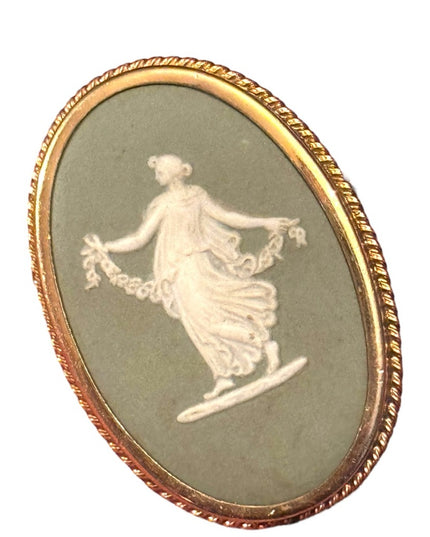 Vintage Wedgewood green goddess cameo brooch  pendant gold filled