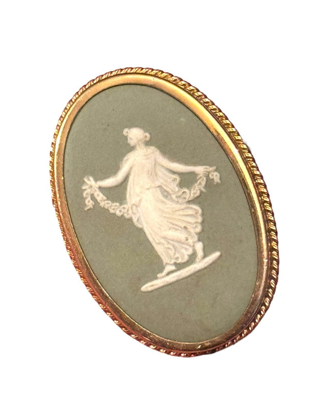 Vintage Wedgewood green goddess cameo brooch  pendant gold filled