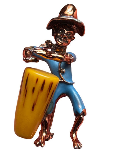 Vintage Bakelite drummer copper finish enameld brooch Charles Worth book piece