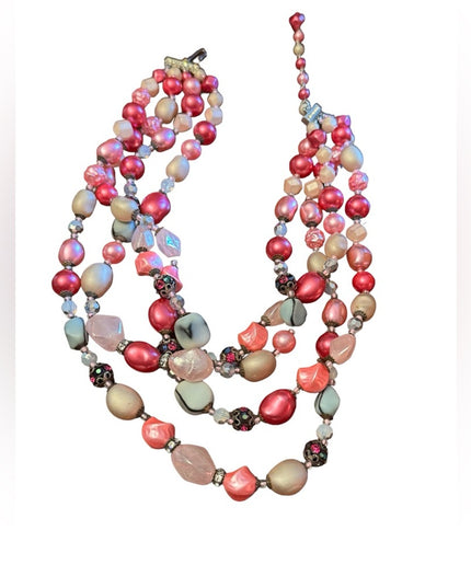Vintage 1950s 4 strand glass crystal  and faux pink pearl necklace heavy