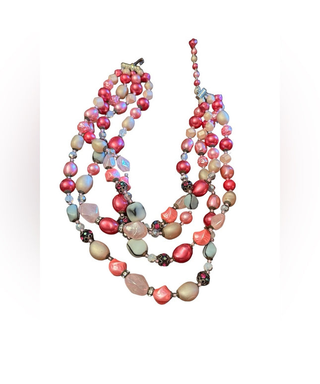 Vintage 1950s 4 strand glass crystal  and faux pink pearl necklace heavy
