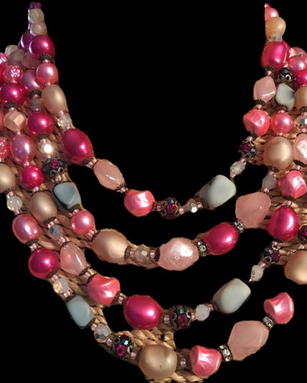 Vintage 1950s 4 strand glass crystal  and faux pink pearl necklace heavy