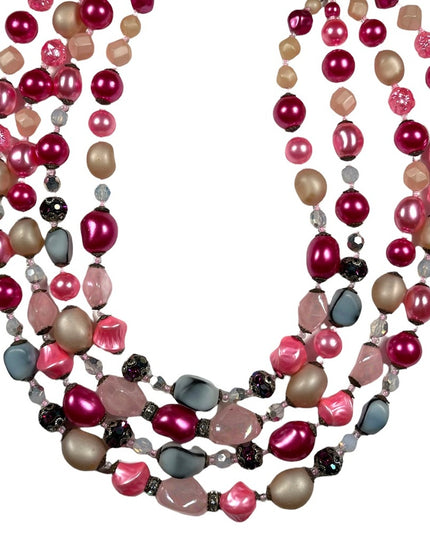 Vintage 1950s 4 strand glass crystal  and faux pink pearl necklace heavy