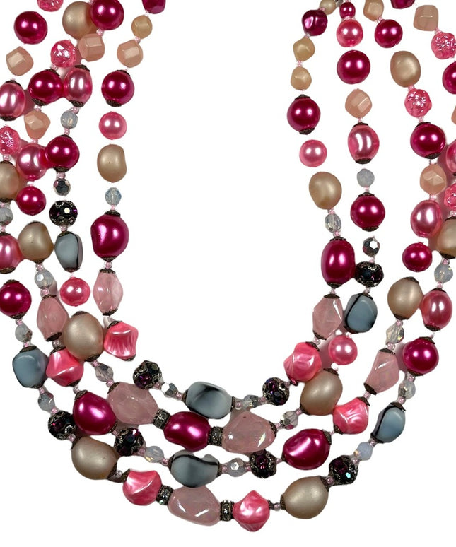 Vintage 1950s 4 strand glass crystal  and faux pink pearl necklace heavy