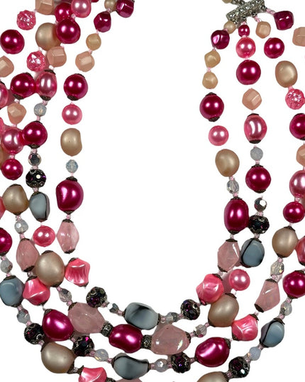 Vintage 1950s 4 strand glass crystal  and faux pink pearl necklace heavy