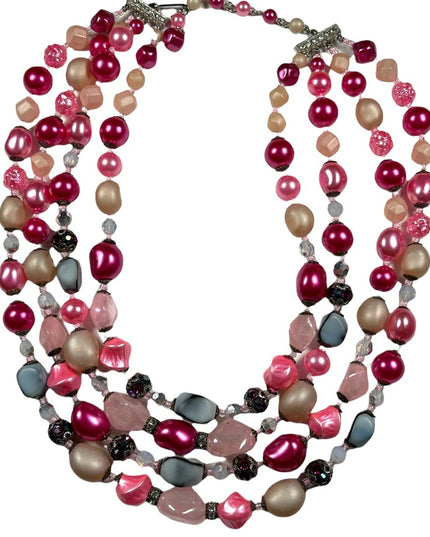 Vintage 1950s 4 strand glass crystal  and faux pink pearl necklace heavy