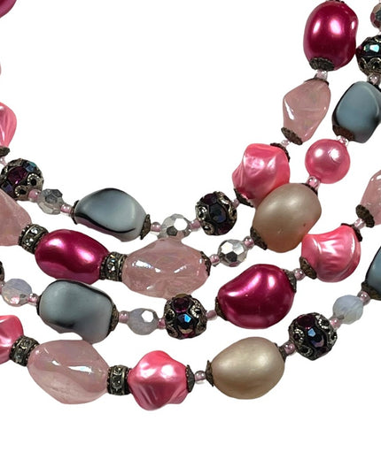 Vintage 1950s 4 strand glass crystal  and faux pink pearl necklace heavy