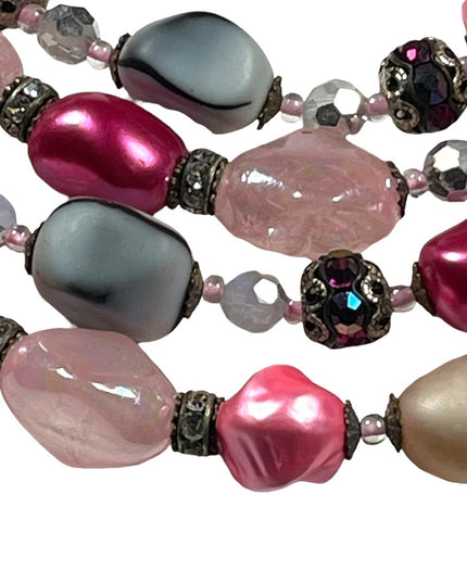 Vintage 1950s 4 strand glass crystal  and faux pink pearl necklace heavy