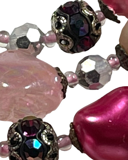Vintage 1950s 4 strand glass crystal  and faux pink pearl necklace heavy