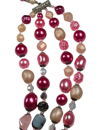 Vintage 1950s 4 strand glass crystal  and faux pink pearl necklace heavy