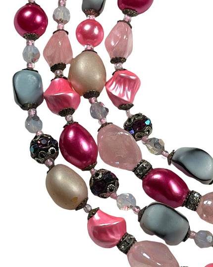 Vintage 1950s 4 strand glass crystal  and faux pink pearl necklace heavy
