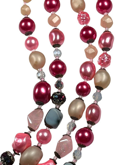 Vintage 1950s 4 strand glass crystal  and faux pink pearl necklace heavy
