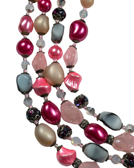 Vintage 1950s 4 strand glass crystal  and faux pink pearl necklace heavy