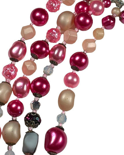 Vintage 1950s 4 strand glass crystal  and faux pink pearl necklace heavy