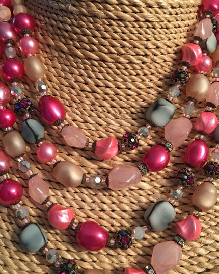 Vintage 1950s 4 strand glass crystal  and faux pink pearl necklace heavy