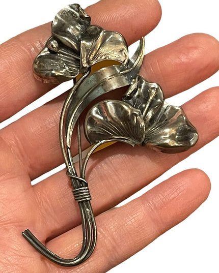 Victorian ornate Sterling silver 925 etched large flower brooch Art Nouv…