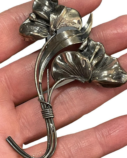 Victorian ornate Sterling silver 925 etched large flower brooch Art Nouv…