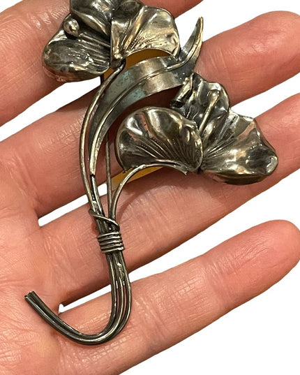 Victorian ornate Sterling silver 925 etched large flower brooch Art Nouv…