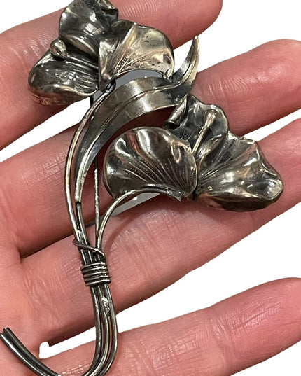 Victorian ornate Sterling silver 925 etched large flower brooch Art Nouv…