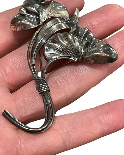 Victorian ornate Sterling silver 925 etched large flower brooch Art Nouv…