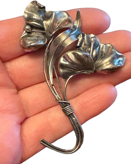 Victorian ornate Sterling silver 925 etched large flower brooch Art Nouv…
