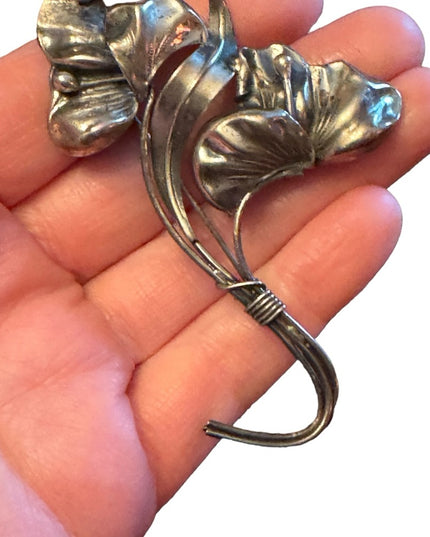 Victorian ornate Sterling silver 925 etched large flower brooch Art Nouv…