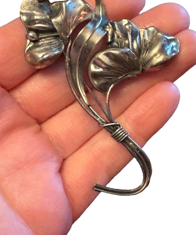 Victorian ornate Sterling silver 925 etched large flower brooch Art Nouv…