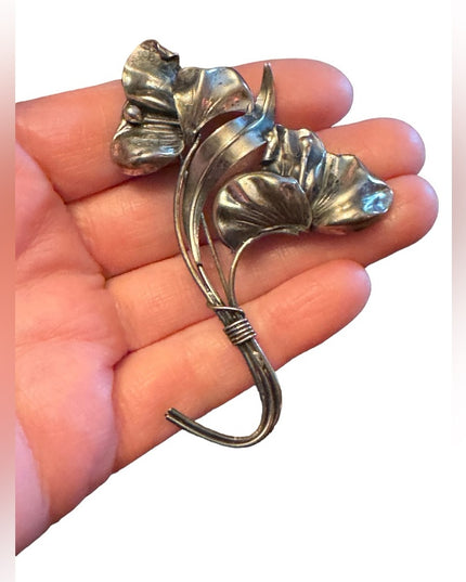 Victorian ornate Sterling silver 925 etched large flower brooch Art Nouv…