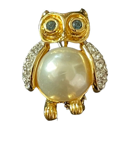 - Vintage 1980s Butler rhinestone faux pearl owl small brooch FAC