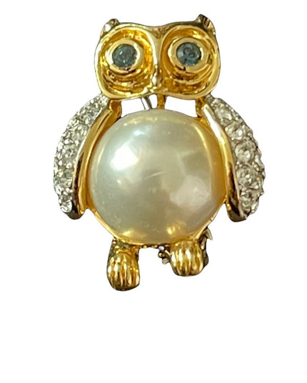 - Vintage 1980s Butler rhinestone faux pearl owl small brooch FAC