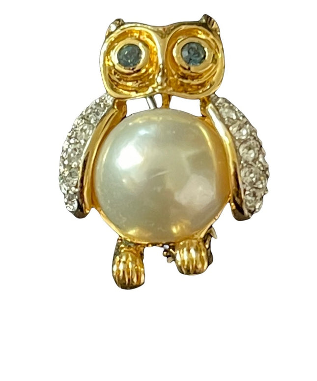 - Vintage 1980s Butler rhinestone faux pearl owl small brooch FAC