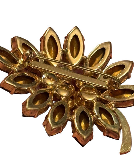 Vintage amber brown crystal fancy Juliana flower brooch gold finish