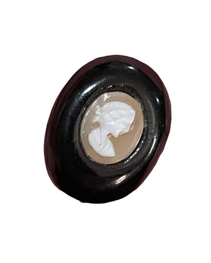 Antique black enamel resin 1940s shell cameo brooch