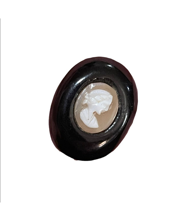 Antique black enamel resin 1940s shell cameo brooch